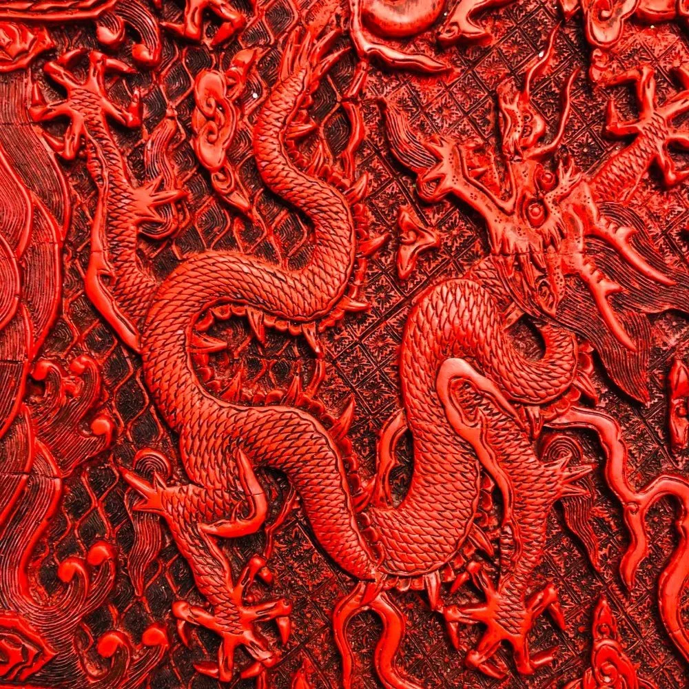 Vtg Chinese Cinnabar Style Resin Dragons Tray